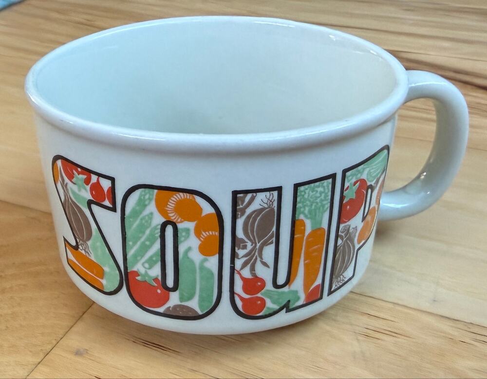 Vintage Ceramic Soup Mug Bowl Handle White Vegetable Graphic Lettering Japan